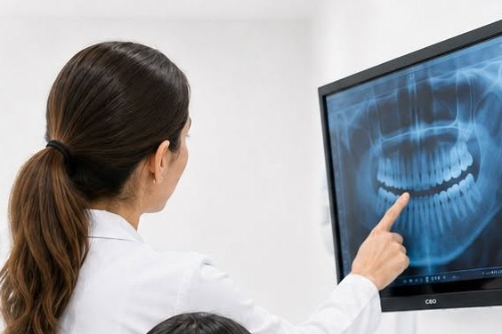 Radiografía panorámica en pantalla durante el diagnóstico dental